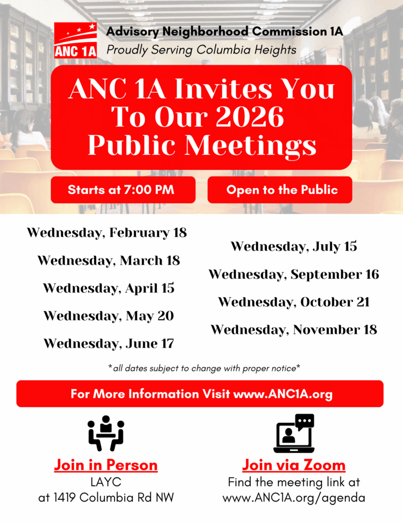 ANC 1A invites public to 2026 meetings starting at 7 PM, in person or via Zoom.
